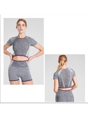 NWT Athleta Heathered Gray/Plum Activewear SET Impact Crop Tee Impact Short 3.5